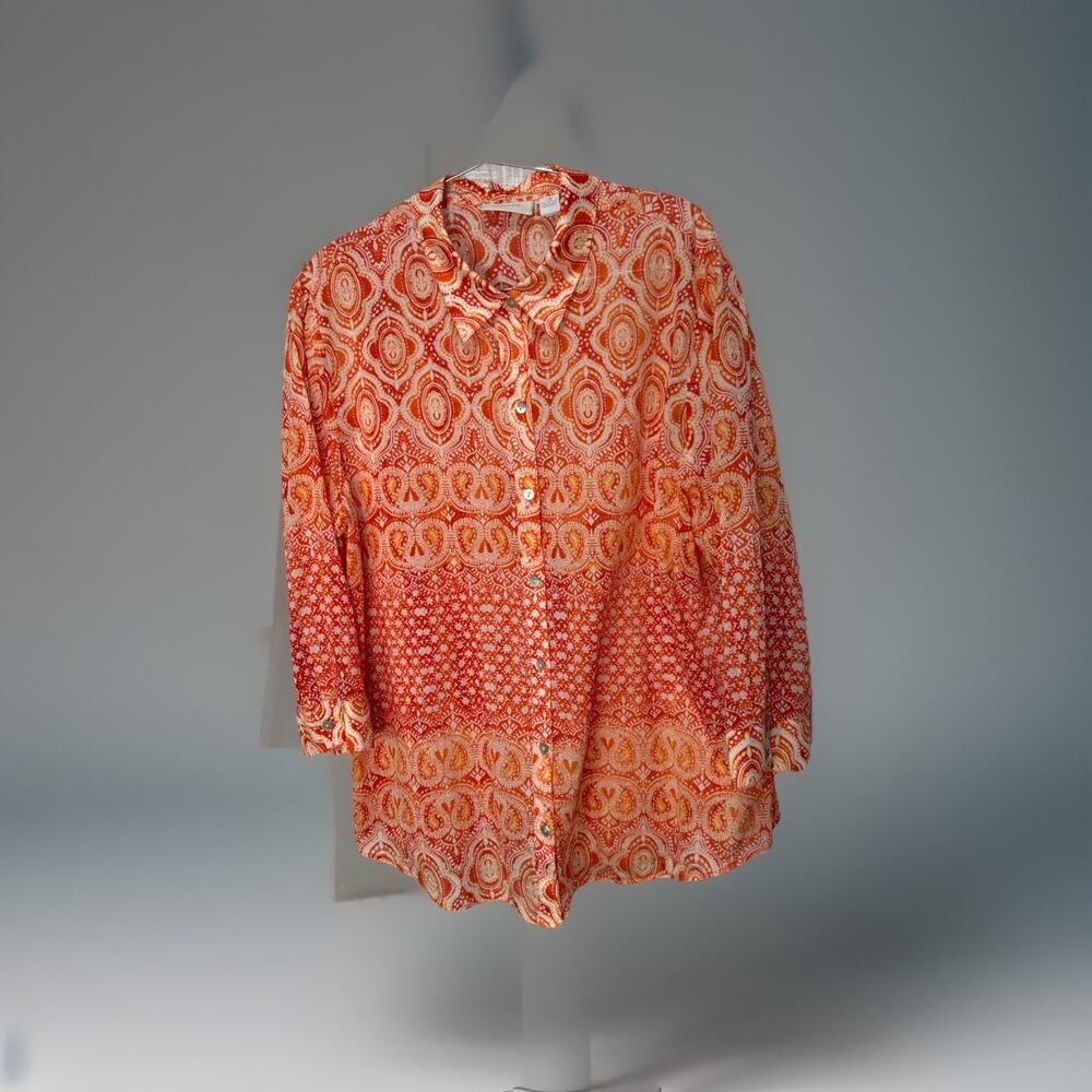 Chico's Print Button Up Lightweight 3/4 Length Sleeve Top Orange 3 XL Blouse